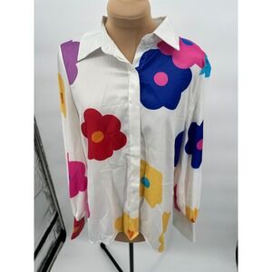 Floral Print Long Sleeve Button Down Shirt Colorful Flowers Funky